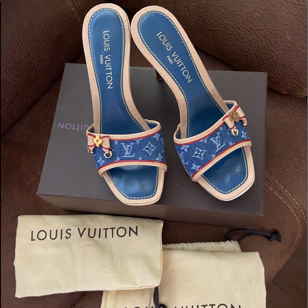 Authentic LV- denim heels, box, dust bags